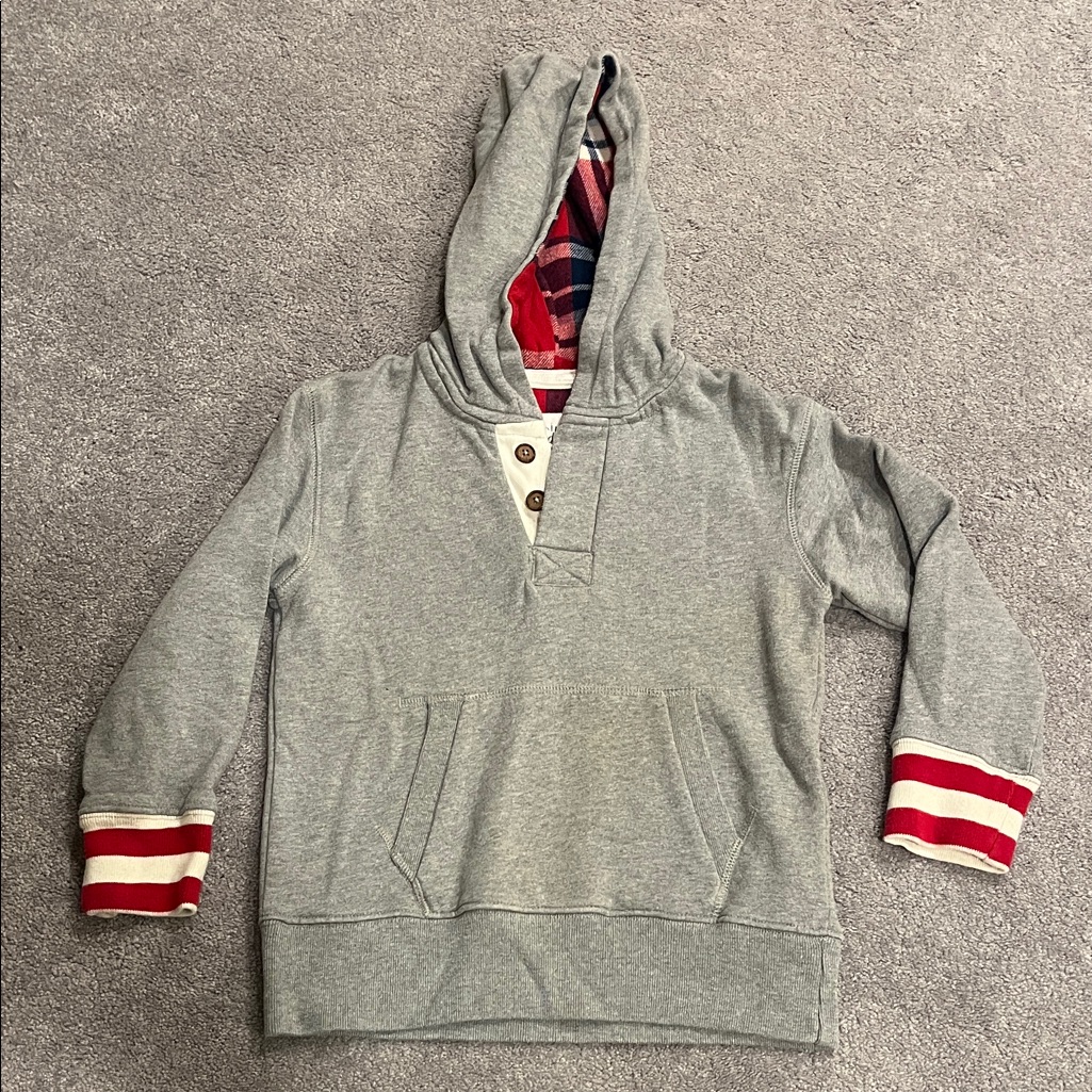 Mini Boden Gray Hoodie With Red Plaid Lining